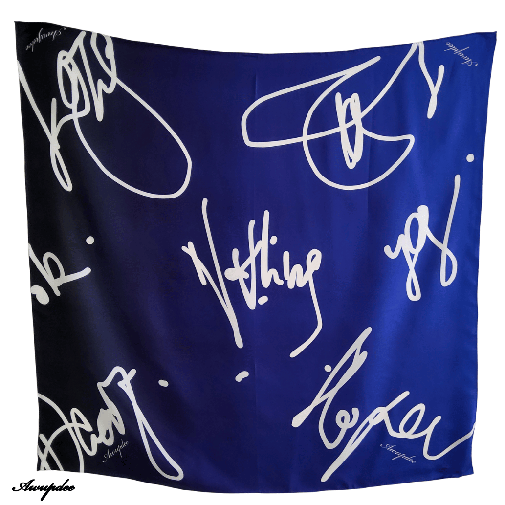 A5007 "Ecriture Bleu" Silk Scarf 90cm X 90cm