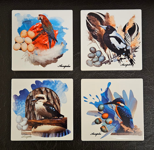 Awupdee Ceramic Coaster Set - Set of Four Bird Coasters "Avian Quartet"